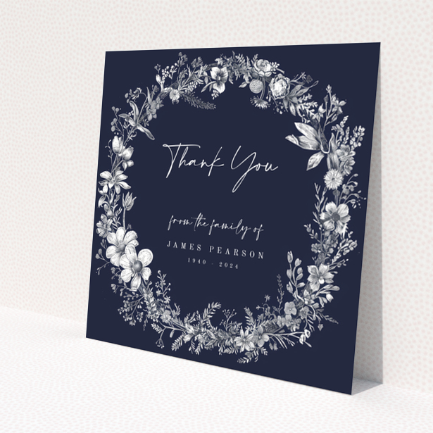 Floral navy funeral thank you card with one photo placeholder from Utterly Printable