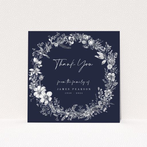 Floral navy funeral thank you card with one photo placeholder from Utterly Printable