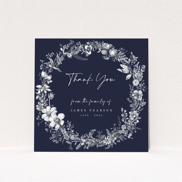 Floral navy funeral thank you card with one photo placeholder from Utterly Printable