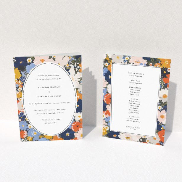 Navy and Marigold Space Wedding Order of Service A5 Booklet Template with Floral Design. This image shows the front and back sides together