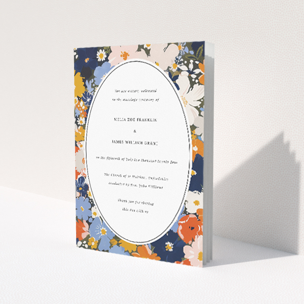 Navy and Marigold Space Wedding Order of Service A5 Booklet Template with Floral Design. This is a view of the front