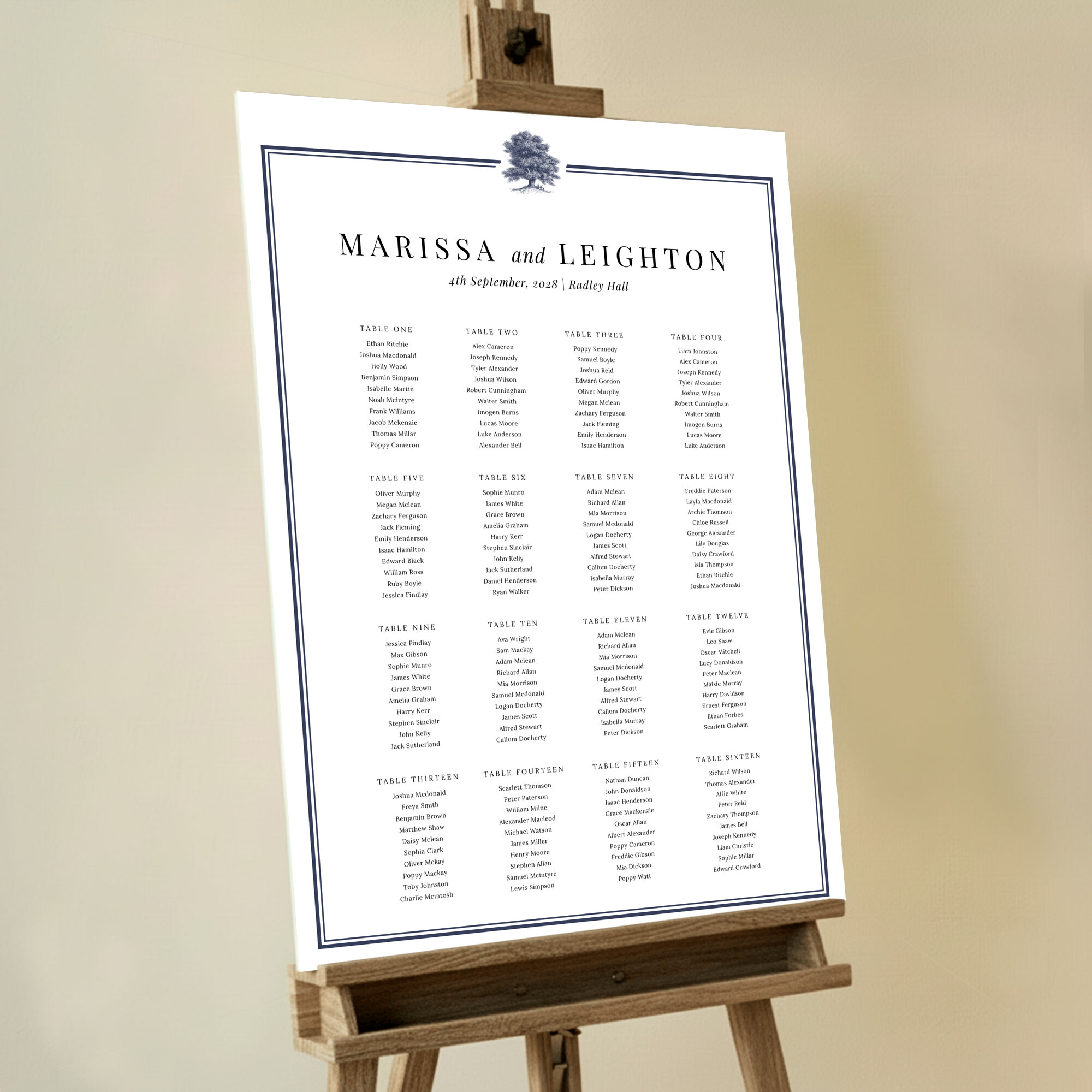 Navy Oak Tree Seating Plan Design featuring a navy blue border surrounding an engraving of an oak tree in the top-middle, creating a natural and timeless feel, perfect for a traditional or rustic wedding.. This design shows 16 tables.
