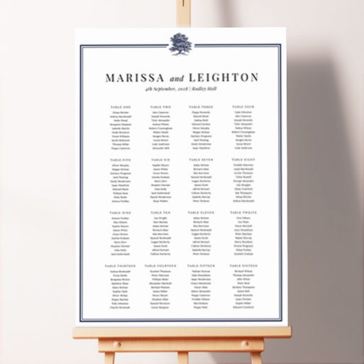Navy Oak Tree Seating Plan Design featuring a navy blue border surrounding an engraving of an oak tree in the top-middle, creating a natural and timeless feel, perfect for a traditional or rustic wedding.. This design shows 16 tables.