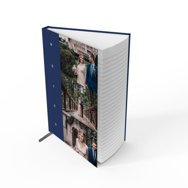 Elegant wedding-themed notebook design with three placeholder photos for Utterly Printable.