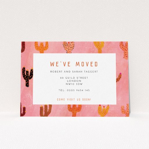 A new address card design called "Albuquerque". It is an A5 card in a landscape orientation. "Albuquerque" is available as a flat card, with tones of pink and orange.