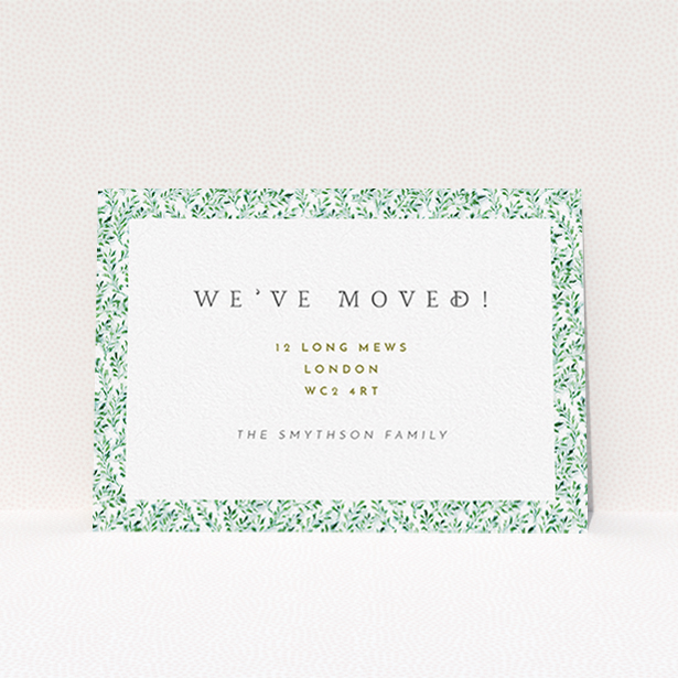 A new address card named "Amongst the hedges". It is an A6 card in a landscape orientation. "Amongst the hedges" is available as a flat card, with tones of green and white.