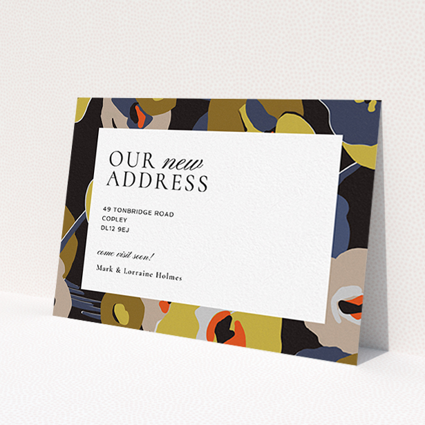 A new address card design named 'Autumn Vibes'. It is an A6 card in a landscape orientation. 'Autumn Vibes' is available as a flat card, with tones of black and dark gold.