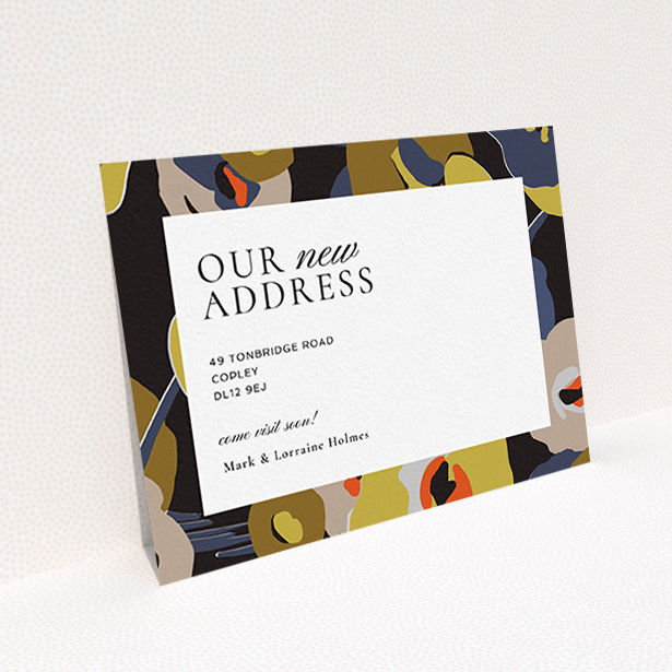 A new address card design named "Autumn Vibes". It is an A6 card in a landscape orientation. "Autumn Vibes" is available as a flat card, with tones of black and dark gold.
