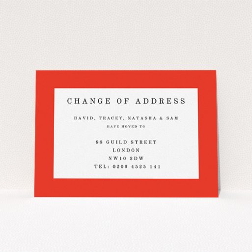 A new address card design named "Broader Border Impact". It is an A5 card in a landscape orientation. "Broader Border Impact" is available as a flat card, with tones of red and white.