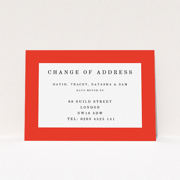A new address card design named "Broader Border Impact". It is an A5 card in a landscape orientation. "Broader Border Impact" is available as a flat card, with tones of red and white.