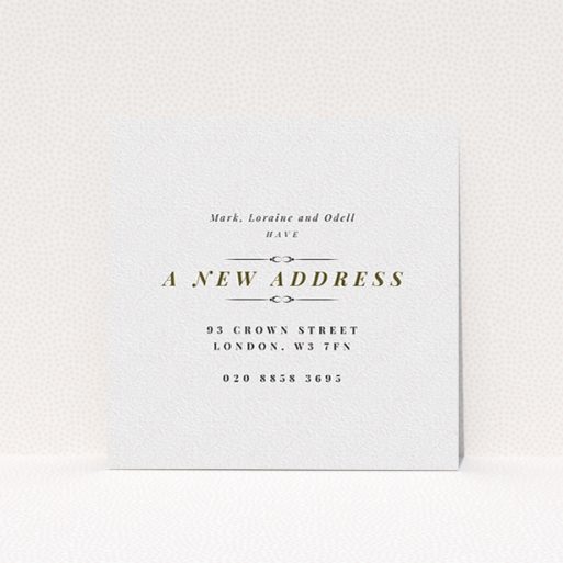 A new address card design named "Classical". It is a square (148mm x 148mm) card in a square orientation. "Classical" is available as a flat card, with tones of white and gold.