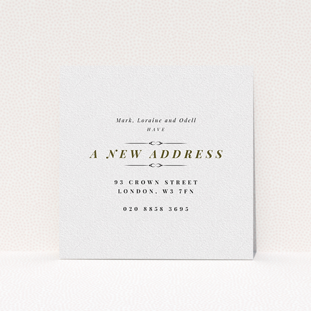 A new address card design named "Classical". It is a square (148mm x 148mm) card in a square orientation. "Classical" is available as a flat card, with tones of white and gold.