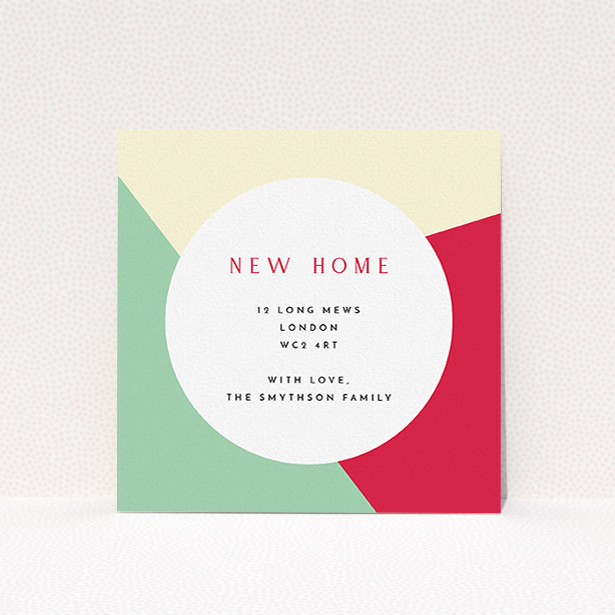 A new address card named "Colour Thirds". It is a square (148mm x 148mm) card in a square orientation. "Colour Thirds" is available as a flat card, with mainly light cream colouring.