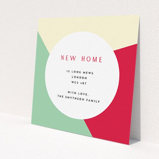 A new address card named 'Colour Thirds'. It is a square (148mm x 148mm) card in a square orientation. 'Colour Thirds' is available as a flat card, with mainly light cream colouring.