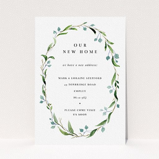 A new address card called "Delicate Wreath". It is an A6 card in a portrait orientation. "Delicate Wreath" is available as a flat card, with tones of green and white.