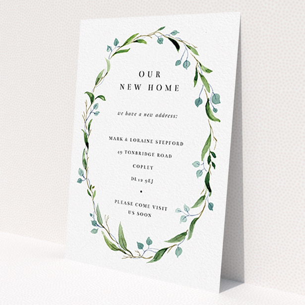 A new address card called 'Delicate Wreath'. It is an A6 card in a portrait orientation. 'Delicate Wreath' is available as a flat card, with tones of green and white.