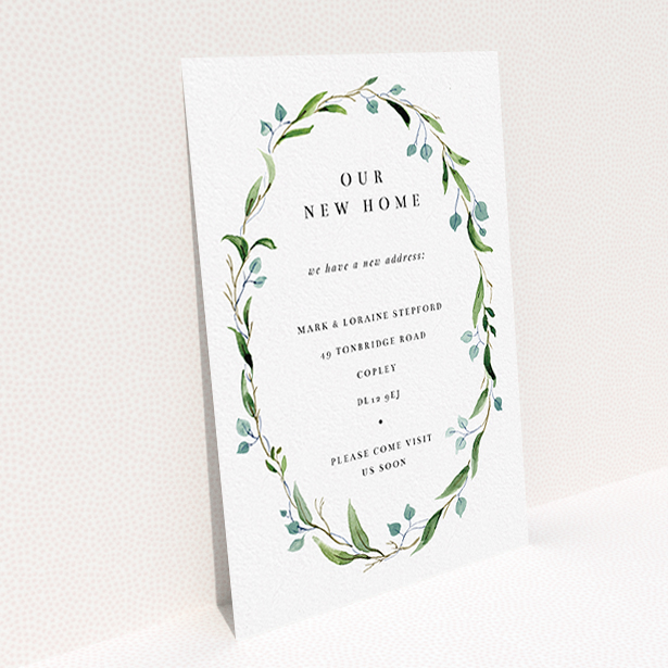 A new address card called "Delicate Wreath". It is an A6 card in a portrait orientation. "Delicate Wreath" is available as a flat card, with tones of green and white.