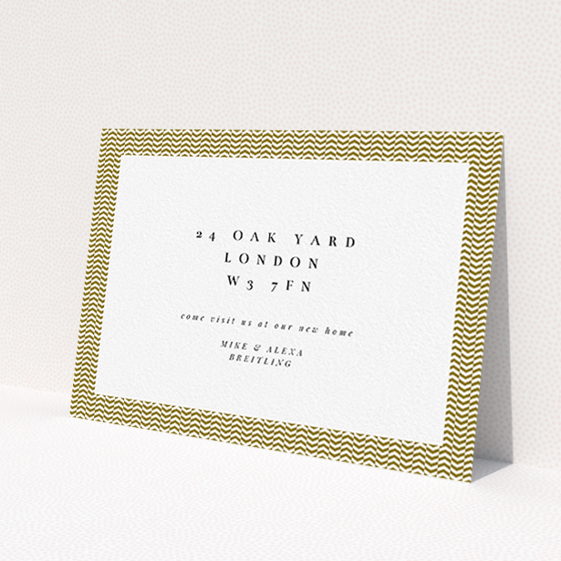 A new address card template titled 'Golden Steps'. It is an A6 card in a landscape orientation. 'Golden Steps' is available as a flat card, with tones of gold and white.