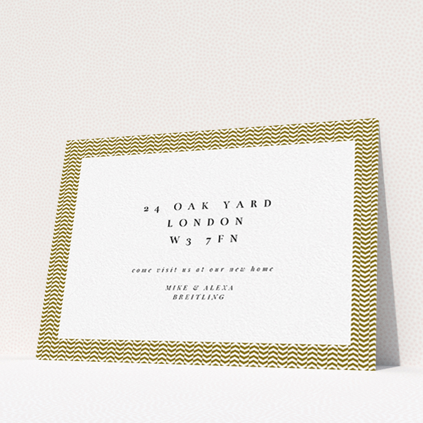 A new address card template titled "Golden Steps". It is an A6 card in a landscape orientation. "Golden Steps" is available as a flat card, with tones of gold and white.