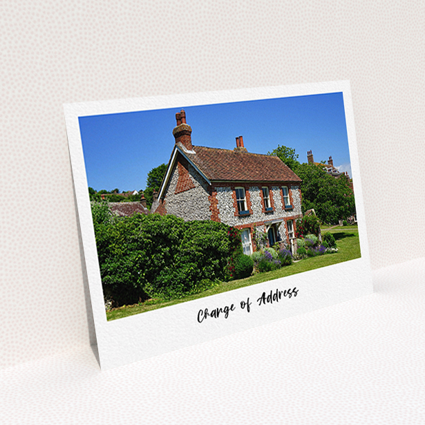 A new address card design named "Handwritten Simple". It is an A6 card in a landscape orientation. It is a photographic new address card with room for 1 photo. "Handwritten Simple" is available as a flat card, with tones of white and black.