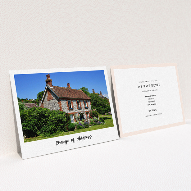 A new address card design named "Handwritten Simple". It is an A6 card in a landscape orientation. It is a photographic new address card with room for 1 photo. "Handwritten Simple" is available as a flat card, with tones of white and black.