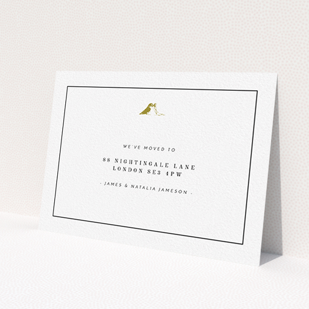 A new address card design called "Home Birds". It is an A6 card in a landscape orientation. "Home Birds" is available as a flat card, with tones of black and white.