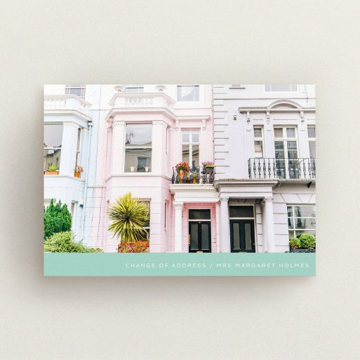 New Address Card Design - "Mint Bottom" A new address card design called "Mint Bottom". It is an A6 card in a landscape orientation. It is a photographic new address card with room for 1 photo. "Mint Bottom" is available as a flat card, with tones of green and white.