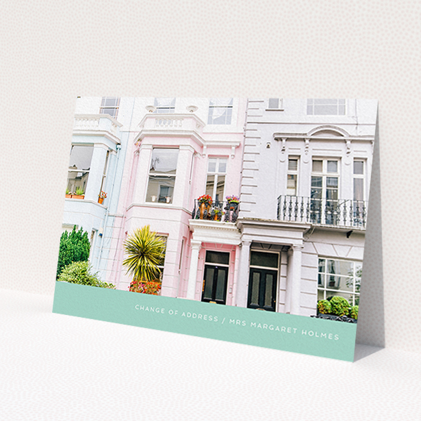 A new address card design called 'Mint Bottom'. It is an A6 card in a landscape orientation. It is a photographic new address card with room for 1 photo. 'Mint Bottom' is available as a flat card, with tones of green and white.