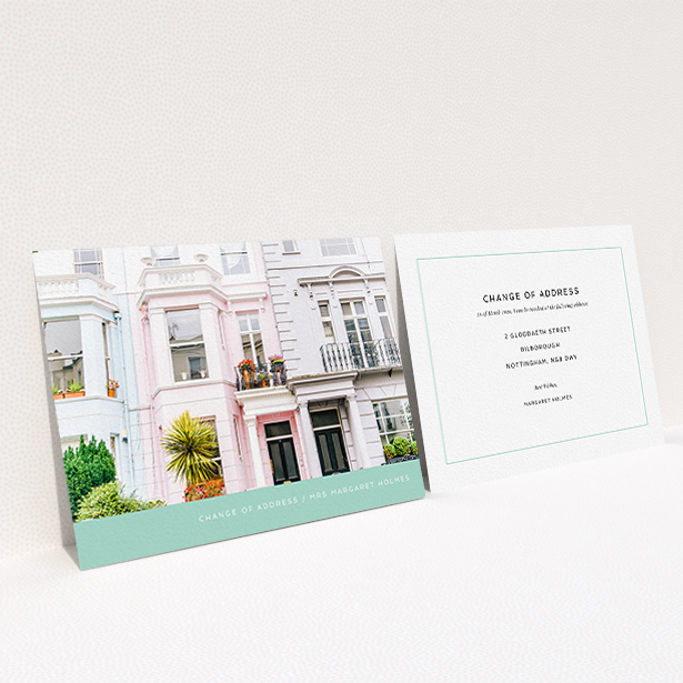 A new address card design called "Mint Bottom". It is an A6 card in a landscape orientation. It is a photographic new address card with room for 1 photo. "Mint Bottom" is available as a flat card, with tones of green and white.