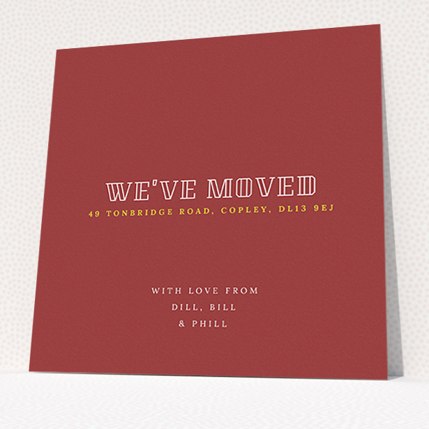 A new address card called "Moving On". It is a square (148mm x 148mm) card in a square orientation. "Moving On" is available as a flat card, with tones of red and white.