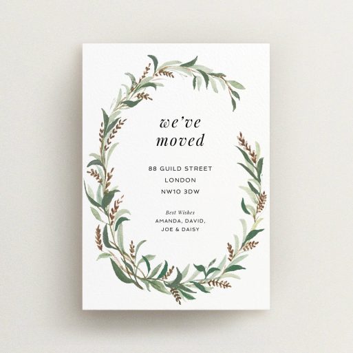 New Address Card Design - "Muted Wreath" A new address card design titled "Muted Wreath". It is an A6 card in a portrait orientation. "Muted Wreath" is available as a flat card, with tones of faded green, light brown and light green.