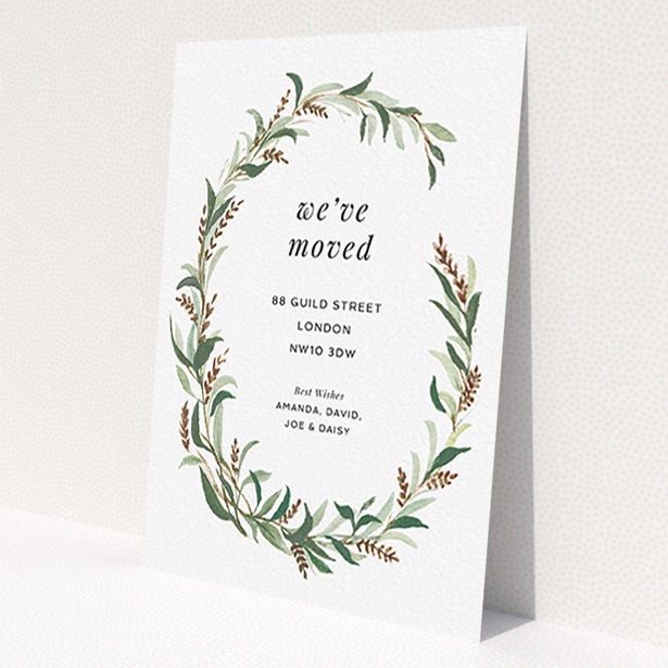 A new address card design titled 'Muted Wreath'. It is an A6 card in a portrait orientation. 'Muted Wreath' is available as a flat card, with tones of faded green, light brown and light green.