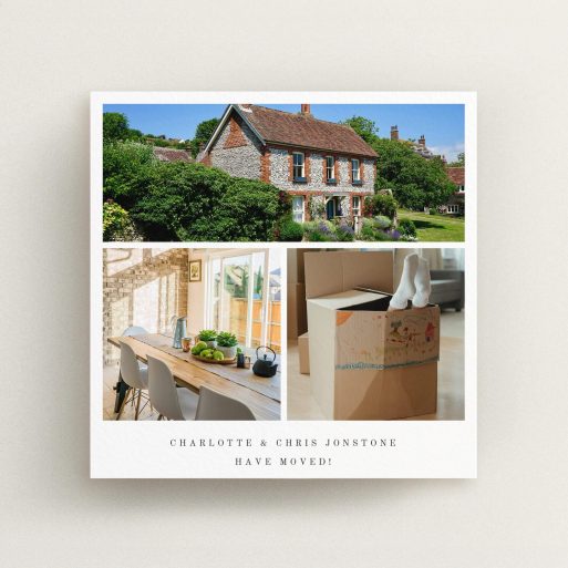 New Address Card Design - "New Home Snaps" A new address card design named "New Home Snaps". It is a square (148mm x 148mm) card in a square orientation. It is a photographic new address card with room for 3 photos. "New Home Snaps" is available as a flat card, with tones of white and black.