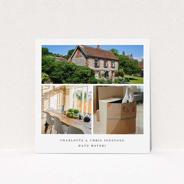 A new address card design named "New Home Snaps". It is a square (148mm x 148mm) card in a square orientation. It is a photographic new address card with room for 3 photos. "New Home Snaps" is available as a flat card, with tones of white and black.