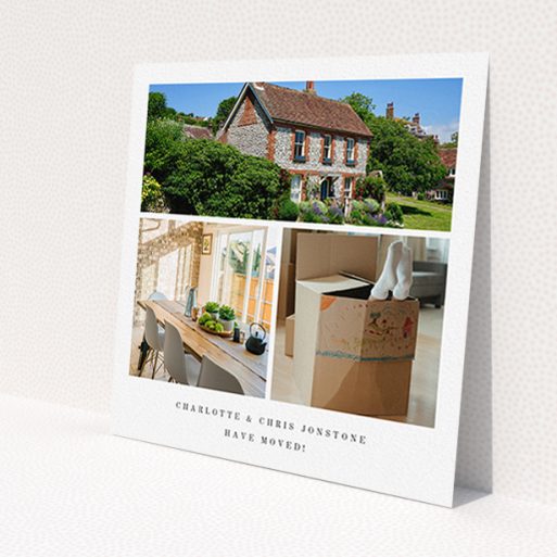 A new address card design named 'New Home Snaps'. It is a square (148mm x 148mm) card in a square orientation. It is a photographic new address card with room for 3 photos. 'New Home Snaps' is available as a flat card, with tones of white and black.