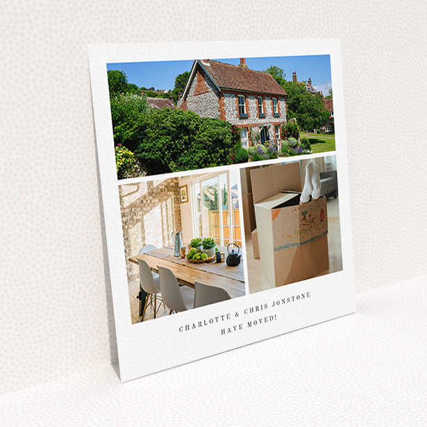 A new address card design named "New Home Snaps". It is a square (148mm x 148mm) card in a square orientation. It is a photographic new address card with room for 3 photos. "New Home Snaps" is available as a flat card, with tones of white and black.