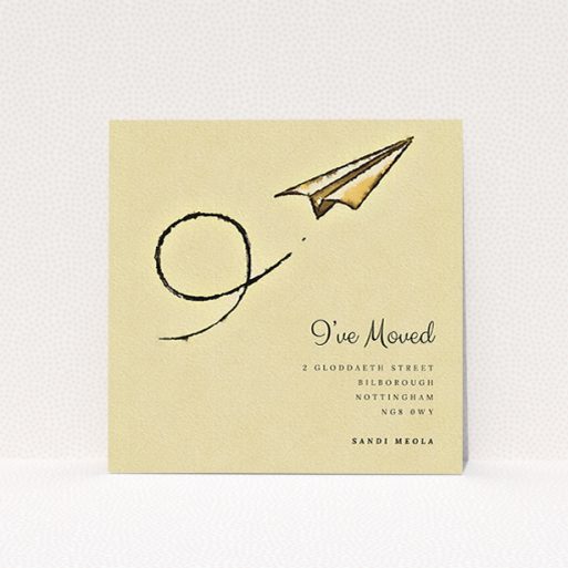 A new address card design titled "Off & Away". It is a square (148mm x 148mm) card in a square orientation. "Off & Away" is available as a flat card, with mainly dark cream colouring.