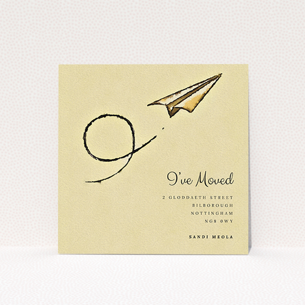 A new address card design titled "Off & Away". It is a square (148mm x 148mm) card in a square orientation. "Off & Away" is available as a flat card, with mainly dark cream colouring.