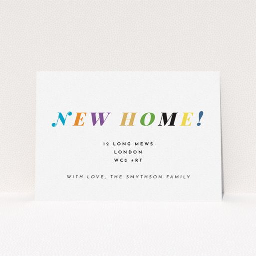 A new address card design called "Rainbow Home". It is an A5 card in a landscape orientation. "Rainbow Home" is available as a flat card, with tones of white and green.