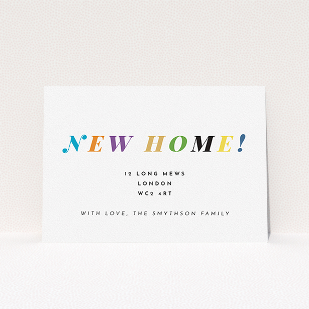 A new address card design called "Rainbow Home". It is an A5 card in a landscape orientation. "Rainbow Home" is available as a flat card, with tones of white and green.