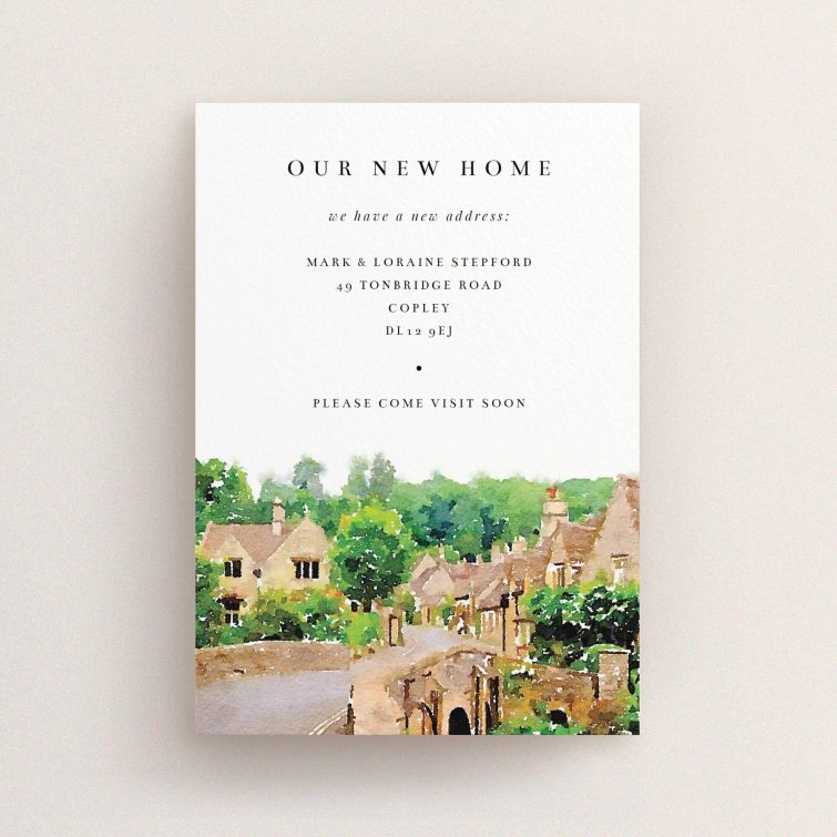 A new address card template titled "Rolling Village". It is an A6 card in a portrait orientation. "Rolling Village" is available as a flat card, with tones of white, brown and green.
