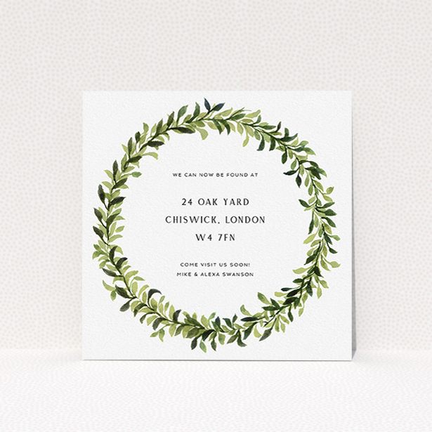 A new address card design titled "Solid Green". It is a square (148mm x 148mm) card in a square orientation. "Solid Green" is available as a flat card, with tones of light green and dark green.
