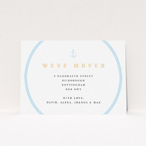 A new address card design titled "The Knot". It is an A6 card in a landscape orientation. "The Knot" is available as a flat card, with tones of blue and white.