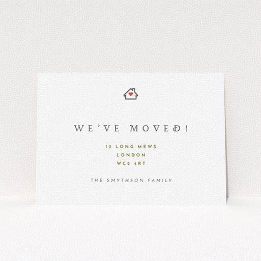 A new address card design named "Where the heart is". It is an A6 card in a landscape orientation. "Where the heart is" is available as a flat card, with tones of white and gold.