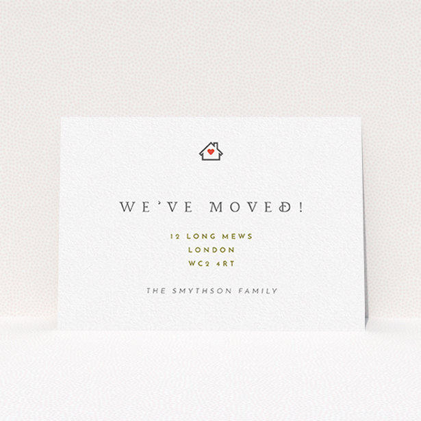 A new address card design named "Where the heart is". It is an A6 card in a landscape orientation. "Where the heart is" is available as a flat card, with tones of white and gold.