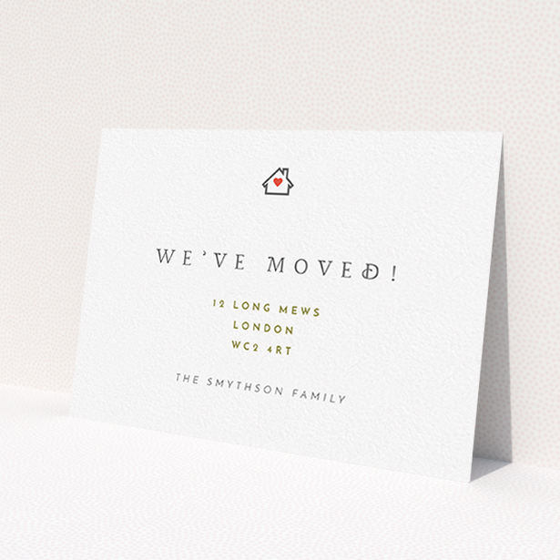 A new address card design named 'Where the heart is'. It is an A6 card in a landscape orientation. 'Where the heart is' is available as a flat card, with tones of white and gold.