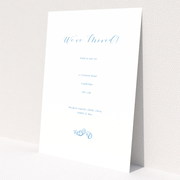 Minimalist blue and white floral change of address card with no photos