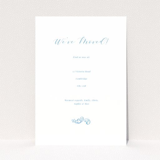 Minimalist blue and white floral change of address card with no photos