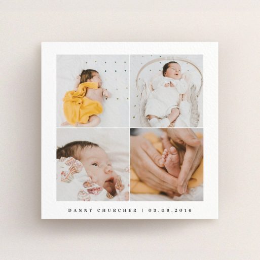 A new baby announcement card template titled "4 Frame". It is a square (148mm x 148mm) card in a square orientation. It is a photographic new baby announcement card with room for 3 photos. "4 Frame" is available as a flat card, with tones of black and white.