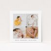 A new baby announcement card template titled "4 Frame". It is a square (148mm x 148mm) card in a square orientation. It is a photographic new baby announcement card with room for 3 photos. "4 Frame" is available as a flat card, with tones of black and white.